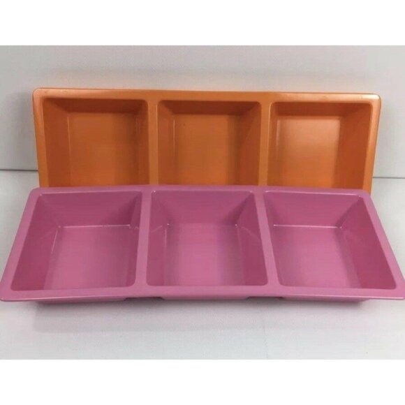 Vintage Set  2  Pink Orange 3-Compartment Melamine Serving Trays Picnic BBQ Pool - Picture 1 of 4